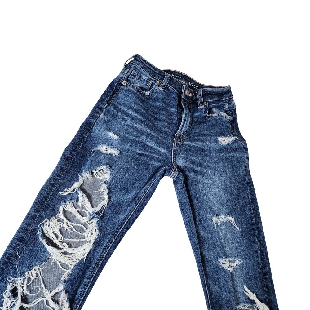 American Eagle Strigid Distressed Mom Jeans Dark Wash Floral Embroidery Size 000 - Picture 9 of 13